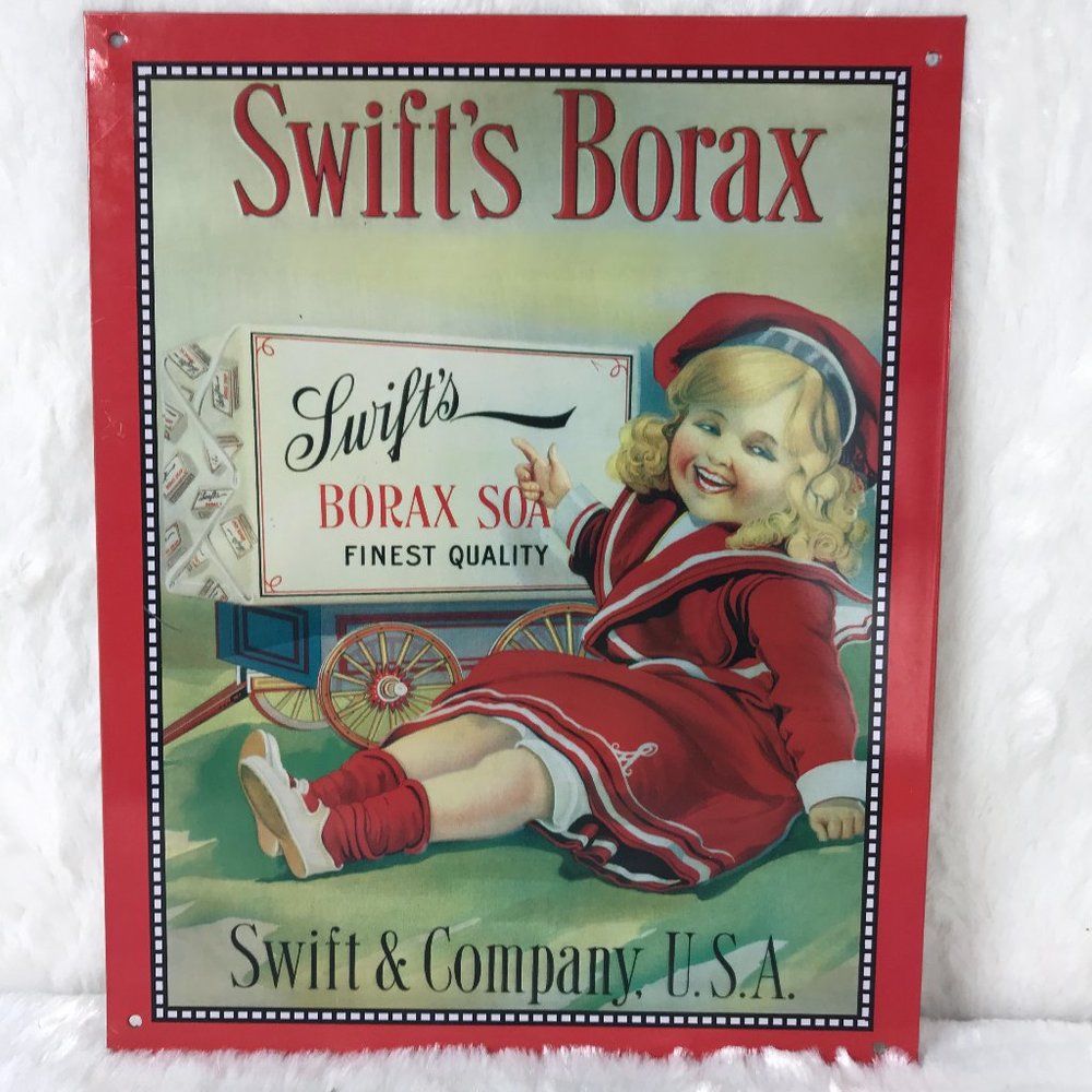 Vintage SWIFT'S BORAX Soap Tin Metal Sign Laundry Room Red White Americana